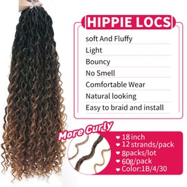 Curly Faux Goddess Locs Crochet Hair 18Inch Pre Looped Synthetic Deep Curly Hairstyle Hippie Locs Crochet Braids Extensions（1B/4/30,18inch(Pack of 8))
