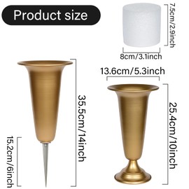 Metal Cemetery Vase, Flower Vases with Metal Base and Stakes for Home Tabletop, Cemetery Flowers, Memorial Grave Decorations (Golden, 2Pcs)