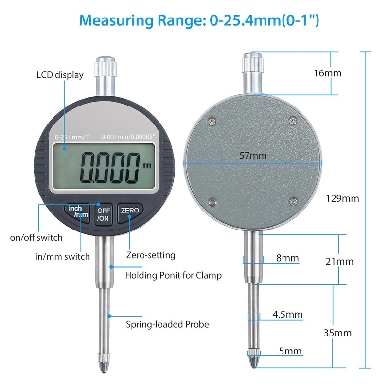 AUTOUTLET Digital Dial Gauge 0.001 mm/0.00005 Inch Digital Probe 0-25.4
