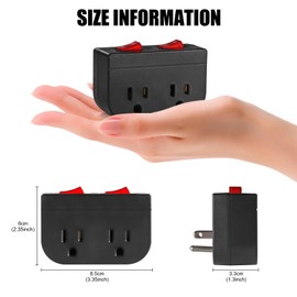 Grounded Outlet with Double ON Off Switch,VSEER 2 Port Electrical Outlet Plug Switch 15A 1875W / Wall Tap Adapter with Daul Red Indicator, ETL Listed (Black 2-Pack)
