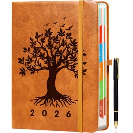 ZXHQ 2026 Diary A5 Page a Day, Jan-Dec, Tree of Life Design, Full Year Daily Planner with Monthly View, UK Holiday, Colorful Tabs, Pen Set and Fine Inner Pocket, 5.9" × 8.5"- Light Brown
