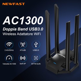 NEWFAST 1300Mbps Chiavetta WiFi, 4 * 6dBi Antenna WiFi USB per PC Dual Band
