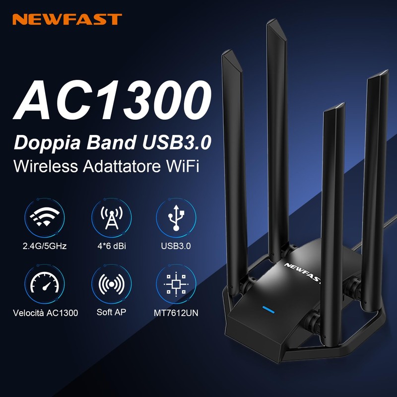 NEWFAST 1300Mbps Chiavetta WiFi, 4 * 6dBi Antenna WiFi USB