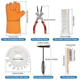 Worldity 6Pcs Welding Accessories, Chipping Hammer 10.55 In, Pliers 8.07 In, Wire Brush 9.84 In, Metal Sheet Gauges and Welding Gloves, Essential Welder Cleaning Set for Slag Removal & Maintenance