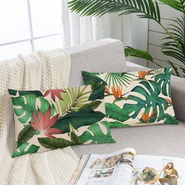 Bonhause Tropical Leaves Throw Pillow Covers 12 x 20 Inch Green Palm Leaf Monstera Botanical Pillows Case Polyester Linen Cushion Covers for Outdoor Couch Sofa Patio Decor Set of 2