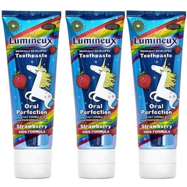 Lumineux Oral Essentials 3 Pack Kids Toothpaste Fluoride Free | Certified Non Toxic | Strawberry | NO Artificial Flavors, Colors, SLS Free | Dentist Formulated No Harsh Chemicals