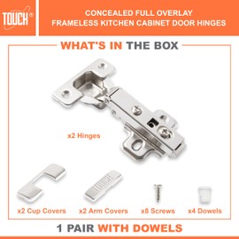 TOUCH Cabinet Hinges (1 Pair, 2 PCS) Frameless Cupboard Door Hinge Full Overlay Concealed European Clip-On Hinges for Kitchen Cabinet 3-Way Adjustable with Dowels