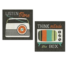 Gango Home Decor Retro, Old-Fashioned Radio and TV Inspirational Listen More and Think Outside the Box Set by Michael Mullan; Two 12x12in Unframed Paper Posters