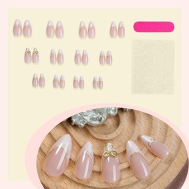 White French Tips Press on Nails 24Pcs Gold Bow Press ons Fingernails Curve Line Gel Glue on Acrylic Fake Nails Glossy Nude Medium Almond False Nail Gradient Stick on Nail for Holiday Manicure Art