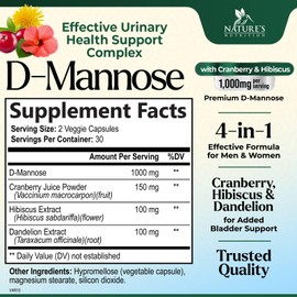 D-Mannose 1000mg Per Serving - Cranberry & Hibiscus - Effective Fast-Acting, Flush The Impurities for Bladder, Urinary Tract Health Support Supplement, for Women and Men, USA Bottled - 60 Capsules