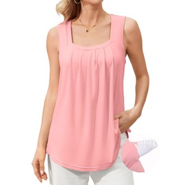 V FOR CITY Women Flowy Tank Top with Built in Bras Pleated Square Neck Tunic Tops Loose Summer Tanks Shirts Coral 2XL