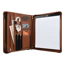 Leather Portfolio, Calfinder Vegan Leather Padfolio with Zipper, Professional Business Portfolio with A4 Writing Pad for Resume, Interview, Brown Leather Portfolio for Men and Women, Brown, Standard