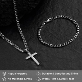 NORBU Stainless Steel Cross Necklace and Bracelet Set for Men, Cuban Link Chains 20" Length, Bracelet 8" Length, No Tarnish & Durable Mens Religious Gift