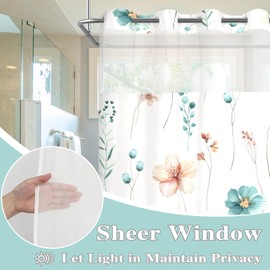 Fungarth No Hook Shower Curtain with Snap in Liner Set Watercolor Floral Hookless Shower Curtains for Bathroom Teal Pink White Plant Flower Leaf Waterproof Fabric Hotel Bath Curtain 71 x 74 Inch