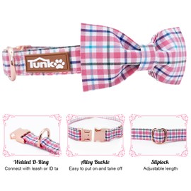 Tunkoo Dog Collar with Bow Tie Elegant Plaid Soft Comfy Cotton Adjustable Collar Premium Metal Buckle,Small Medium Large Puppy Cat Outdoor Training Walking Running（Pink Grid，S）