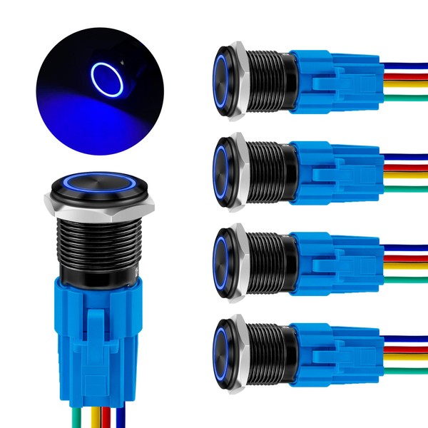 16mm 12-24V LED Blue, Latching Push Button Switch,Aluminum Oxide Black