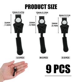 9 Pack Zipper Puller Replacement, Zipper Repair Kit Removable Zip Puller Universal Instant Zip Fixer 3 Sizes No Tools Needed for Various Tailles Clothing Jeans Backpack Bagages Valises (Black)