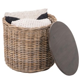 Kouboo Round Rattan Storage Basket with Wood Lid - Side or End Table with Hidden Storage for Blankets, Pillows, and More