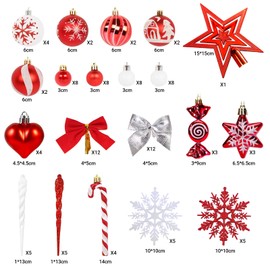 CaiTang Christmas Decoration Christmas Baubles, Pack of 103 Christmas Baubles Plastic Red White with Tree Topper Star, Christmas Tree Decoration Set Snowflake with Love, Christmas Tree Baubles