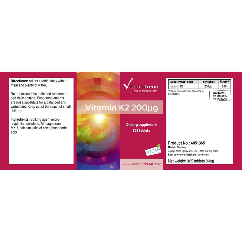Vitamin K2 MK7 200μg - 365 Vegan High Dose Tablets