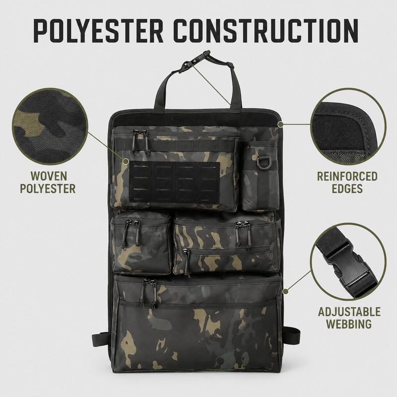 Black Polyester Car Seat Back Organizer with Multi-Pocket Hanging Storage