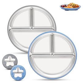 Toddler Plates Stainless Steel Kids Plates, Baby Plates with Suction Base | Non-Slip Removable Silicone Sleeves | Unbreakable Dishwasher Safe Dinnerware for Baby Led Weaning | Set of 2, Blue & Gray