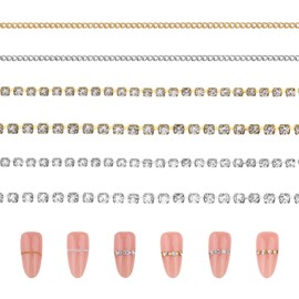 PEOVLVN 6 Strips Nail Chains for Nail Art, Metal Nail Art Charms 3D Gold & Silver Nail Chains Line Nail Charms Nail Jewelry Charms for Nails Design DIY Nails Making Manicure Decoration