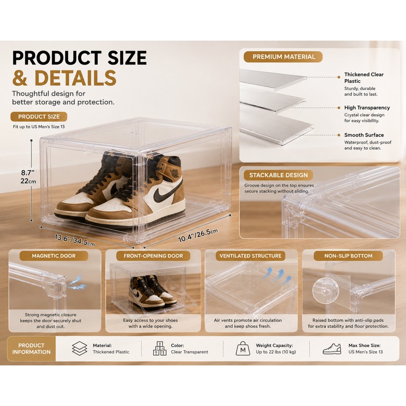Large Clear Sneaker Display Box with Magnetic Front Door, Stackable