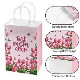 Ticuenicoa Mother's Day Gift Bags 16 Pack - Pink Tulip Gift Bags with Handles, Premium Party Favor Bags for Women, Floral Decorative Bag (3.2x8.2x5.9 Inch)