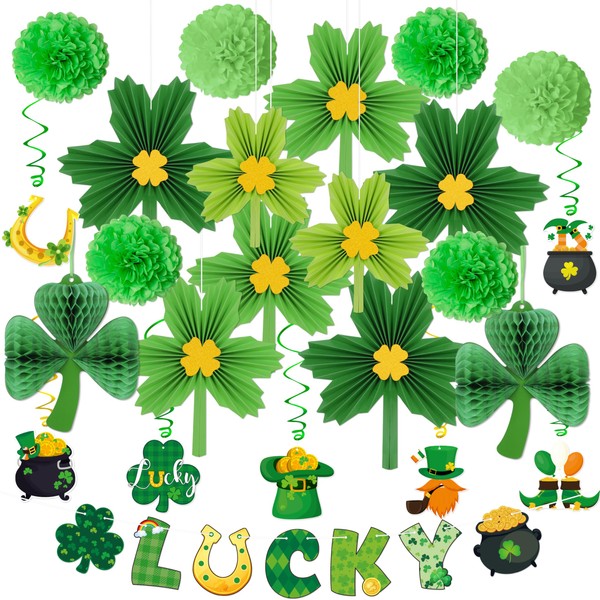 24Pcs St Patricks Day Decorations Shamrock Paper Fans Lucky Banner