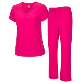 Natural Uniforms Women's Cool Stretch V-Neck Top and Cargo Pant Set (Hot Pink, Large)