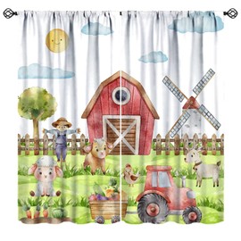 Mchenxin Farm Red Barn Curtains, Watercolor Green Grass Natural Botanical Flowers Cartoon Country Animals Windmill Tractor Print Window Drapes for Kids Boys Bedroom Living Room, 42x45in (No Blackout)