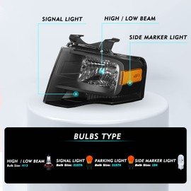 TUSDAR Headlights Assembly Set for 2007-2014 Ford Expedition Driver & Passenger Side (Black Housing with Amber Reflector)