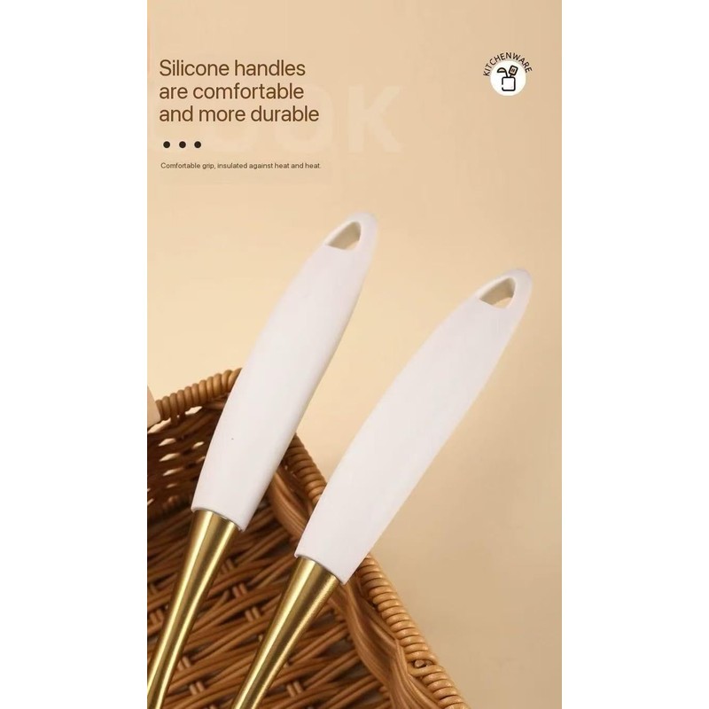 8-Piece White Kitchen Utensil Set with Gold Handles, Stainless Steel