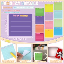 Yinder 24 Pcs Inspirational Sticky Notes with Lines Cute Motivational Sticky Note Pad Appreciation Sticky Notes Gifts for Coworkers Nurse Office Supplies 3 x 3''(Dark Color,Inspirational)
