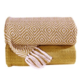 Cozy Home Collection Luxurious Hand Woven Cozy Warm 100% Cotton All Season Light Weight Couch Chair Bed Decorative Throw Blankets Diamond 50x60 Inch Set of 2 (Yellow)