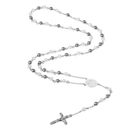 Flongo Pearl Rosary Chain Mary: Cross Virgin Saint Mary Necklace Gold Silver White Pearls Mother of God Pendant Oval Medal Plate Jesus God Crucifix Christening Gift for Men and Women, Stainless Steel