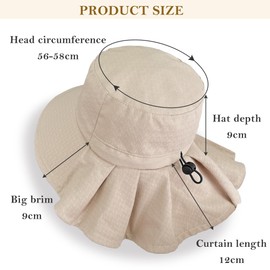 ehsbuy Women's Cotton Wide Brim Foldable Summer Bucket Hat Lightweight with Neck Flap and Adjustable Chin Strap Gifts for Beach Gardening Safari Outdoor, gray, Unit size