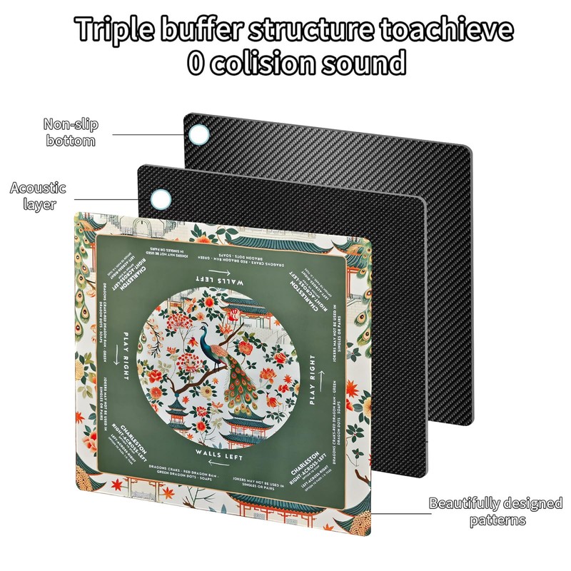 Noise-Reducing Mahjong Mat,31.5"x31.5" Portable Tablecloth for Mahjong,Green Floral and Birds