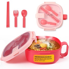 AI LOVE PEACE Microwavable Ramen Bowl with Lid - Leakproof Noodle Container with Built-In Utensils, BPA-Free, Dishwasher & Freezer Safe [Brigth Pink]