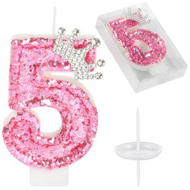 AKURIEEY Birthday Number Candles,Pink Crown Birthday Candles for Cake,Glitter Number 5 Candle Cake Topper with Sequins for Girls,Women, Anniversary Celebrations Supplies (Pink 5)
