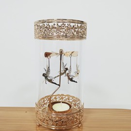 Rotary Candle Holder Hurricane Spinning Candleholder Glass Tea Light Candlestick for Table Centerpiece Christmas Valentine's Day Party Decor and Gift (Round Glass & Hummingbird)