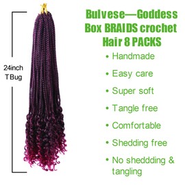 Goddess Box Braids Crochet Hair for Black Women 24 Inch Crochet Braids with Curly Ends Pre Looped 8 Packs Bohemian Style Goddess Box Braid Hair Extensions (Natural Black/Burgundy, 24 Inch TBUG)