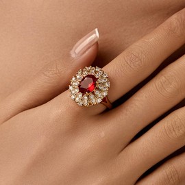 Oval Rhinesetone Wedding Engagement Promise Open Band Ring for Women Gold Plated Crystal Ruby Red Adjustable Comfort Fit Knuckle Stackable Finger Rings Cocitail Birthday Valentine's Day Jewelry