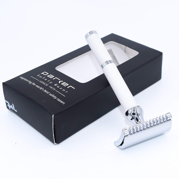 Parker's 70C Double Edge Safety Razor (White), Open Comb Design for a smooth and Comfortable Shave, 5 Parker Platinum Double Edge Blades Included, Great for both Men and Women,