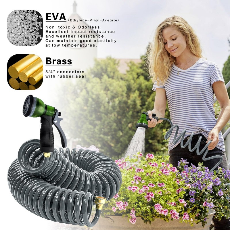 Coil Hose 75FT EVA Coil Garden Hose With 3/4'' Brass