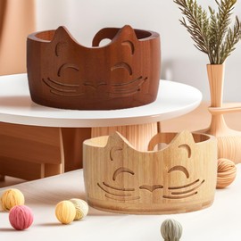 RoseFlower Wooden Yarn Bowl, 6.5 Inch Yarn Bowl with Cat Face Wool Bowl, Yarn Storage with Carved Holes for Knitting Crochet for Home