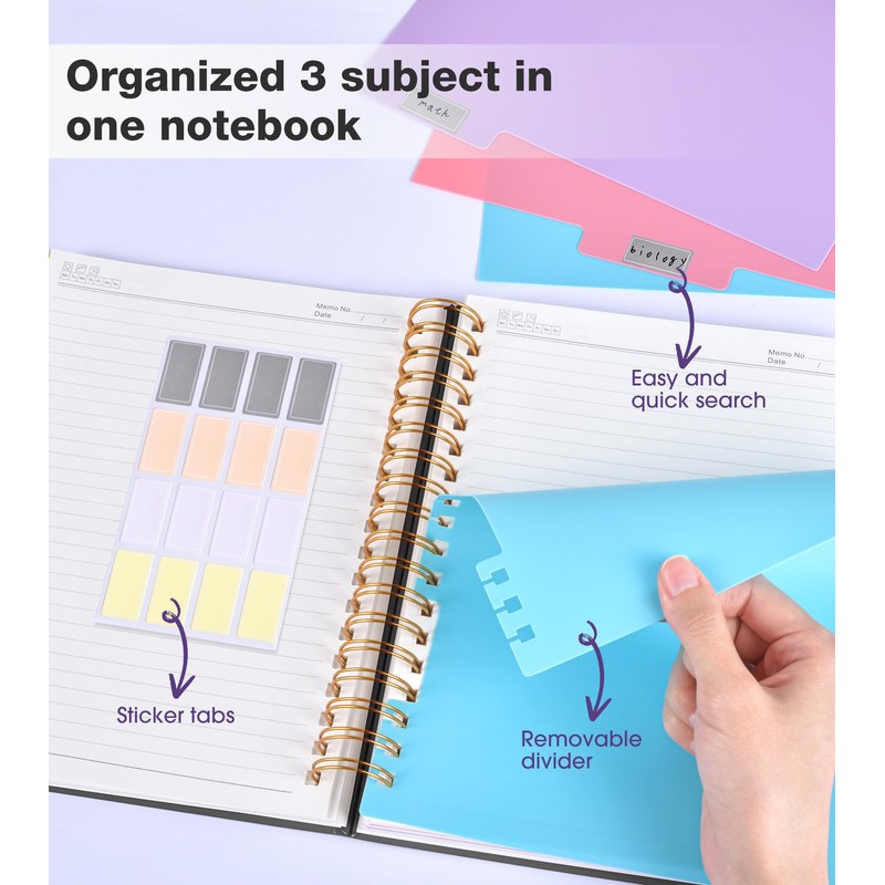 JASLEKO 3 Subject Notebook College Ruled with Dividers Tabs, 100