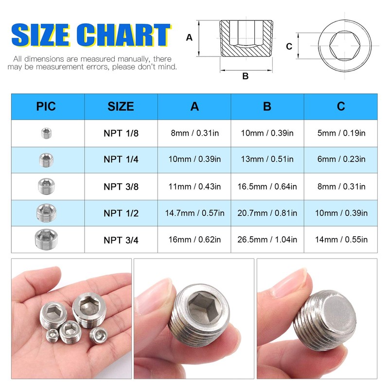 Glarks 5Pcs 304 Stainless Steel 3/8'' NPT Male Pipe Plug