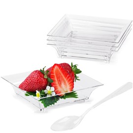 TOFLEN 100ct Mini Dessert Plates for Appetizers with Tasting Spoons, 2.5" Reusable Crystal Clear Plastic Square Party Serving Hors D'oeuvres Plates (Square)